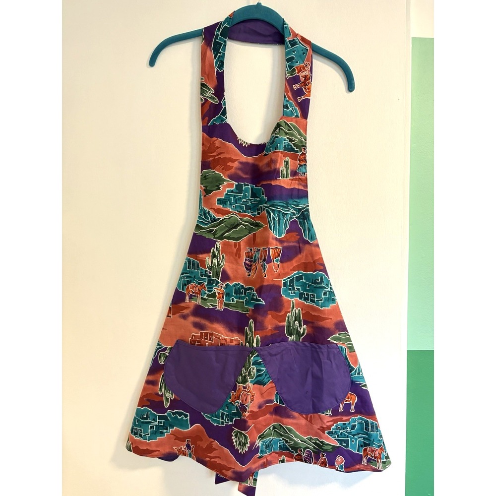 Vintage Reversible Cotton Apron Southwest Desert Print with Horses Cactus Bold